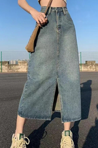 Wren | Women High Waist A Line Denim Maxi Skirt with Front Split