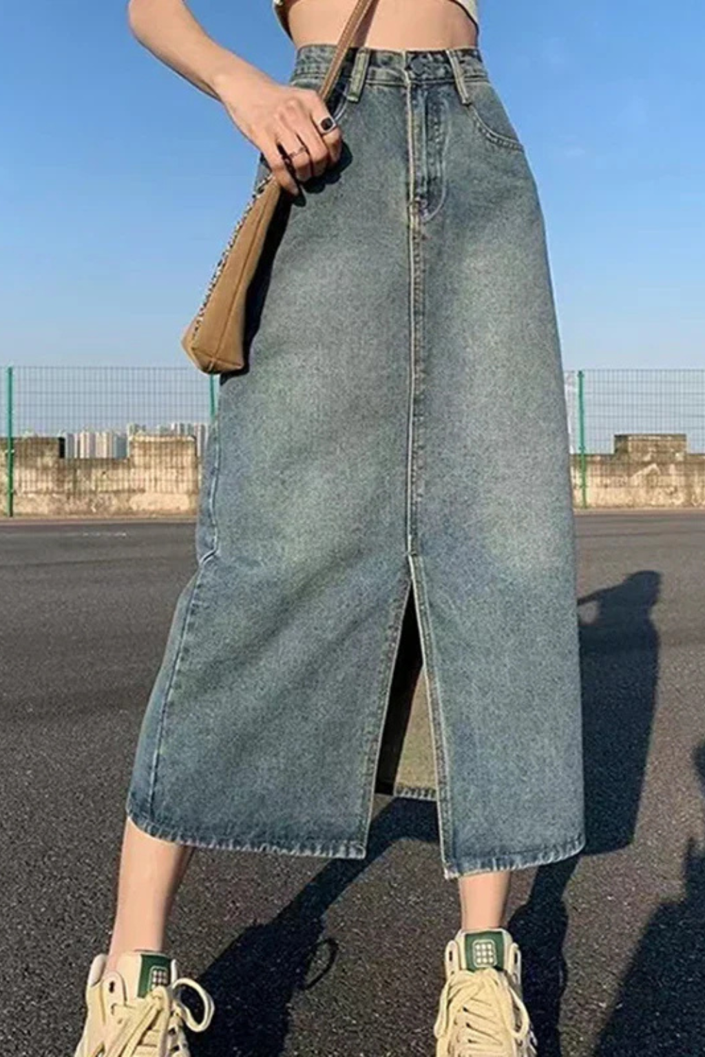 Wren | Women High Waist A Line Denim Maxi Skirt with Front Split