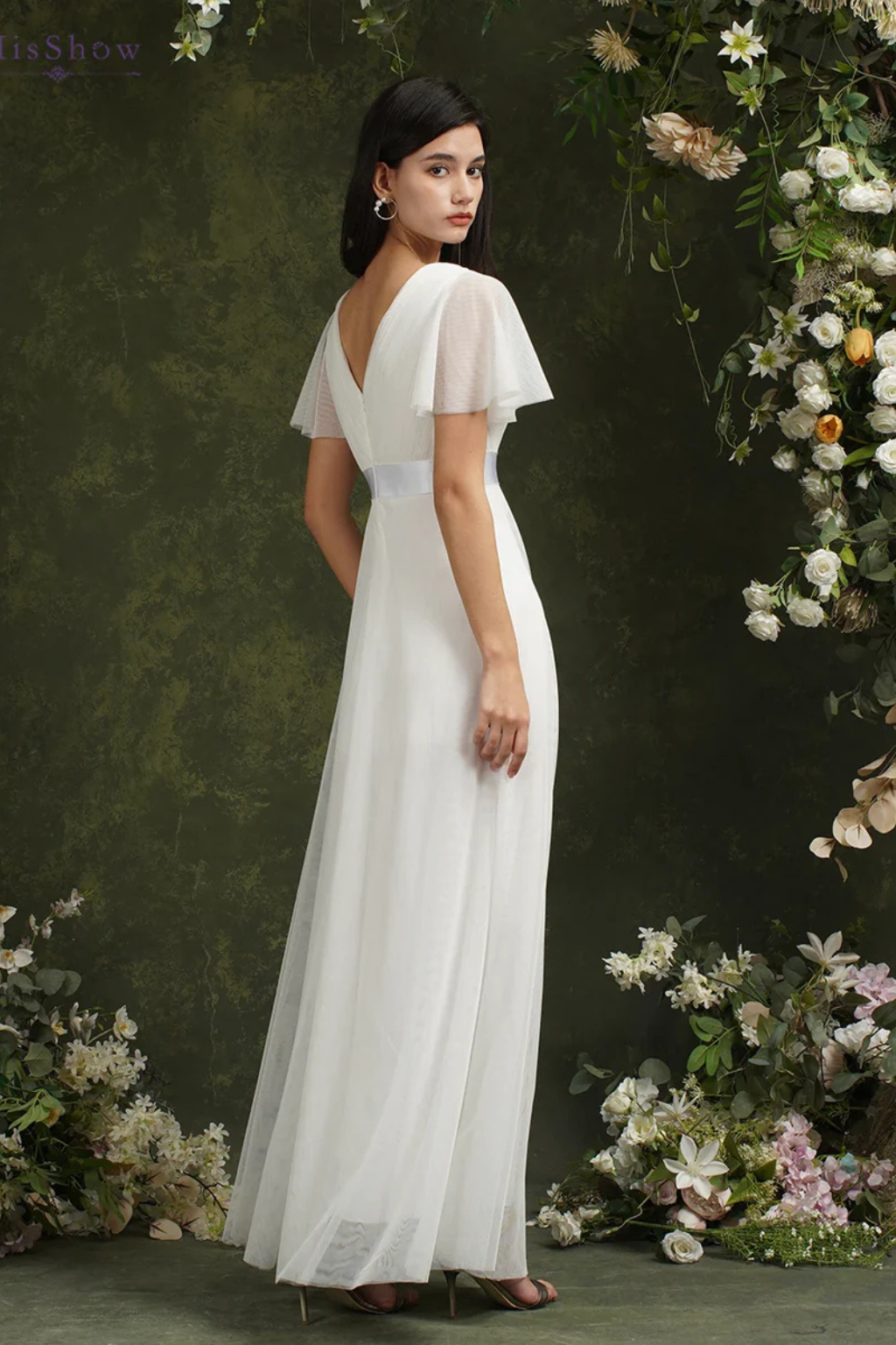 Women's Wrap V Neck Satin Waist Chiffon Maxi Wedding Dress