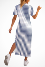 Women's Striped Short Sleeve Side Split Summer Midi Dress