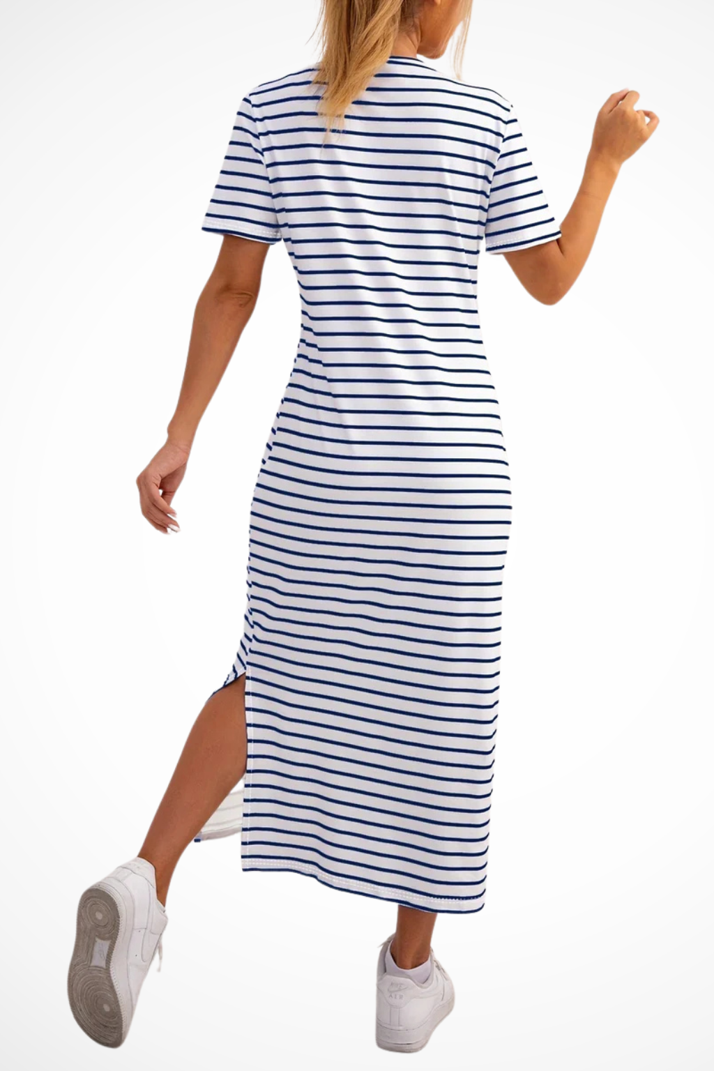 Women's Striped Short Sleeve Side Split Summer Midi Dress