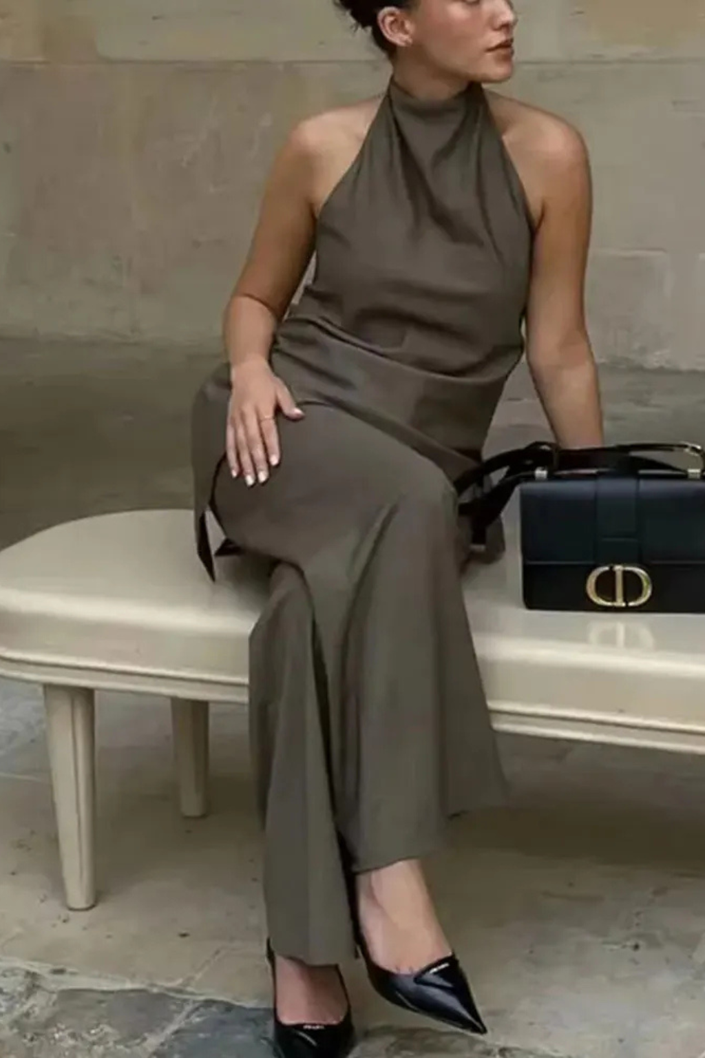 Women's Halter Neck Open Back Top and Wide Leg Trousers Co Ord Set