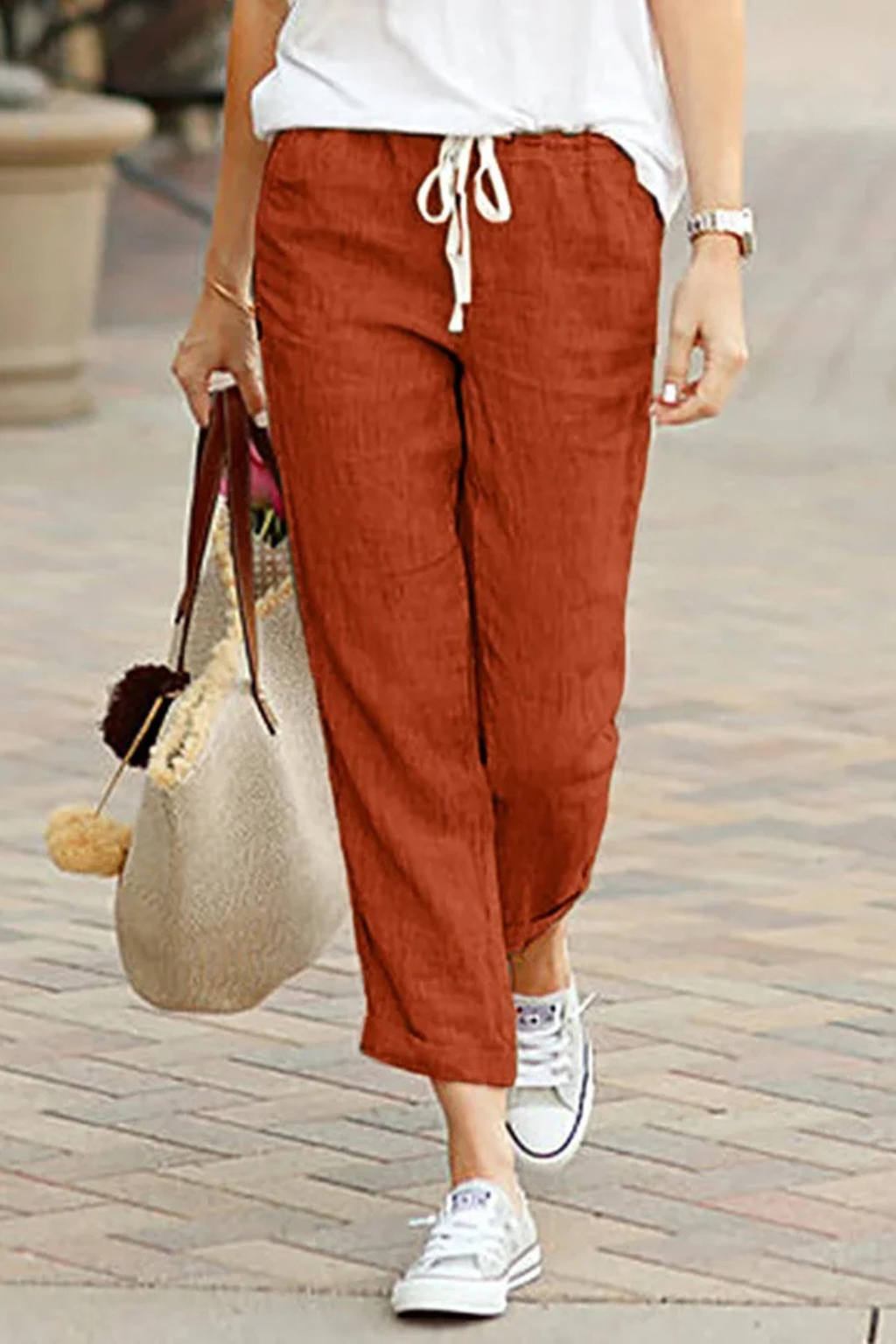 Women's Linen Cropped Trousers with Drawstring Waist