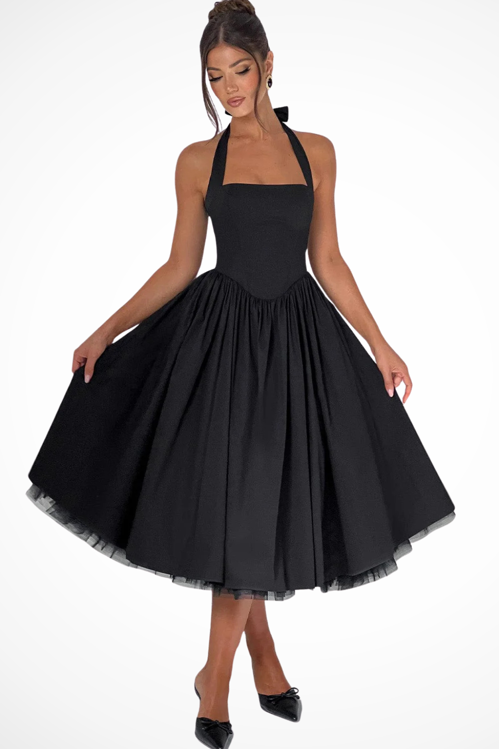 Women's Halter Neck Flowy Wedding Guest Corset Midi Dress