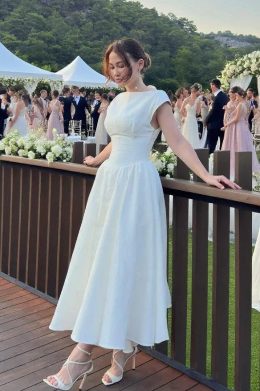 Women's Cap Sleeve Structured A Line Wedding Guest Midi Dress