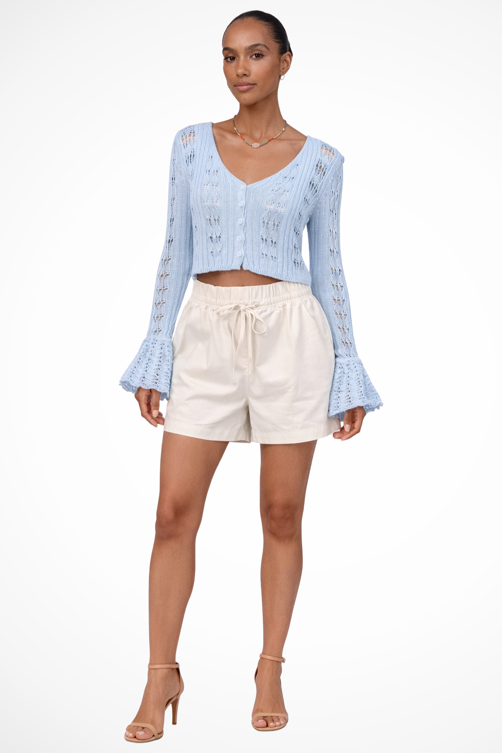 Women Crochet Cardigan with Bell Sleeve Detail