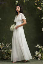 Women's Wrap V Neck Satin Waist Chiffon Maxi Wedding Dress
