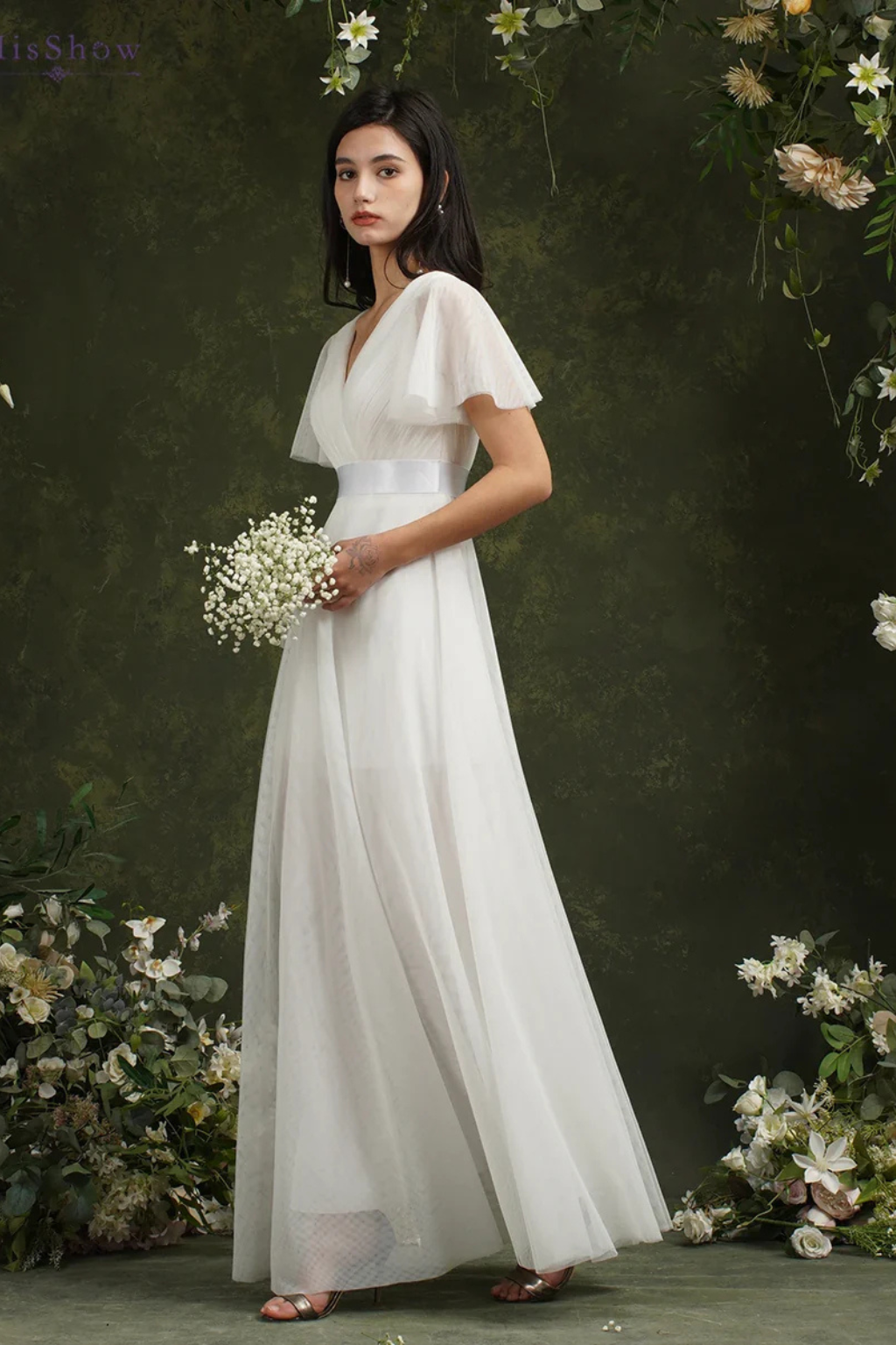 Women's Wrap V Neck Satin Waist Chiffon Maxi Wedding Dress