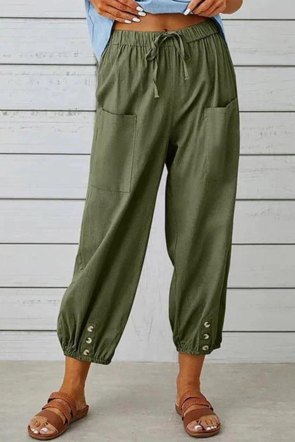 Women's Linen Cropped Trousers with Drawstring Waist and Button Hem