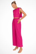 Women's Sleeveless Tie Side Crop Top and Wide Leg Trousers Linen Set