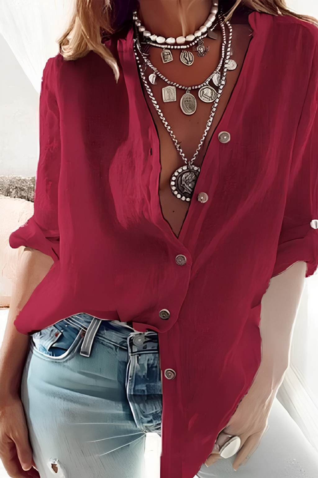 Women's Linen Button Down Shirt with Deep V Neck and Long Sleeve