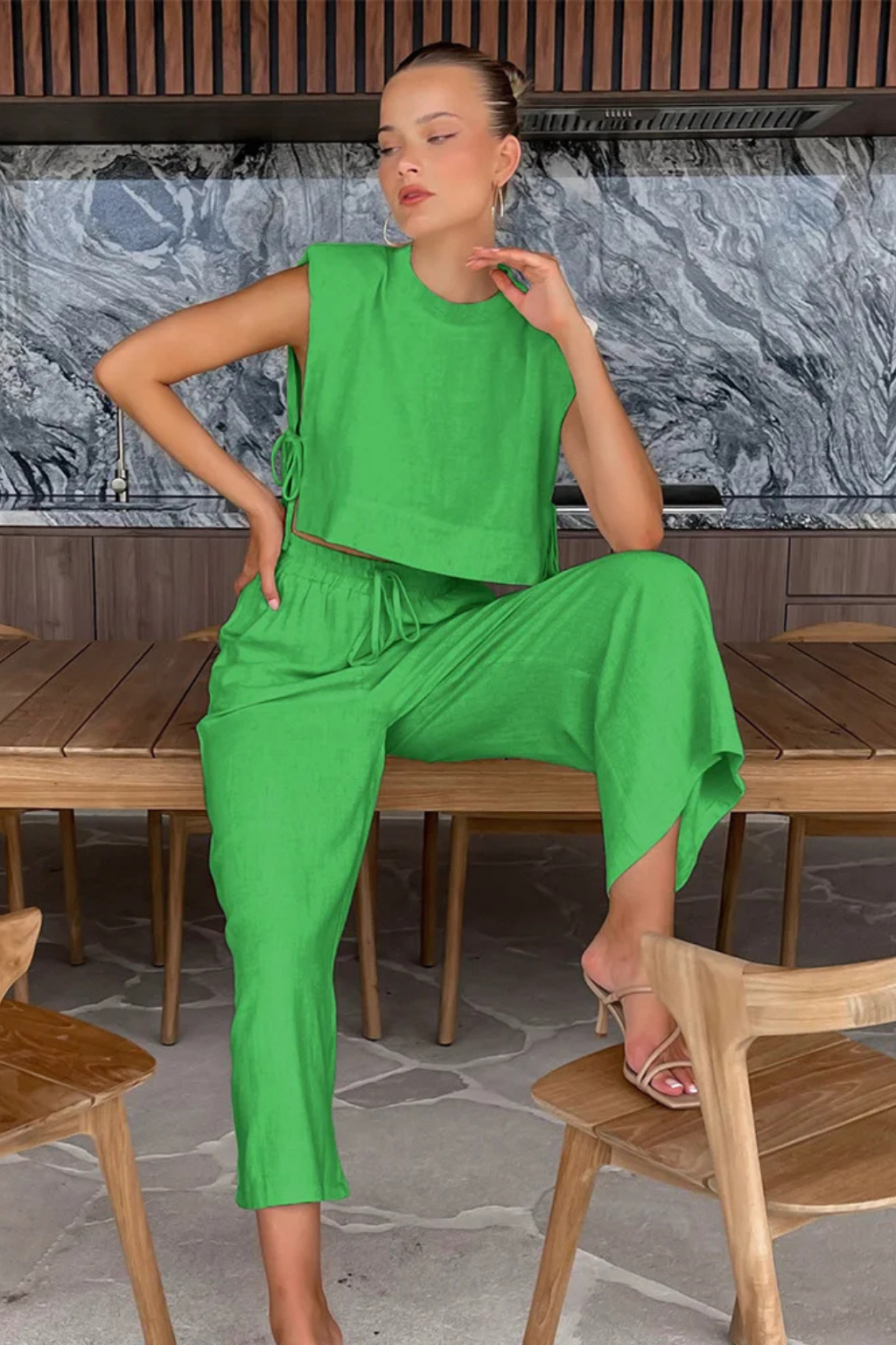 Women's Sleeveless Tie Side Crop Top and Wide Leg Trousers Linen Set