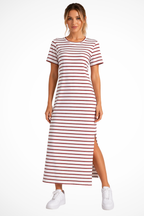 Women's Striped Short Sleeve Side Split Summer Midi Dress