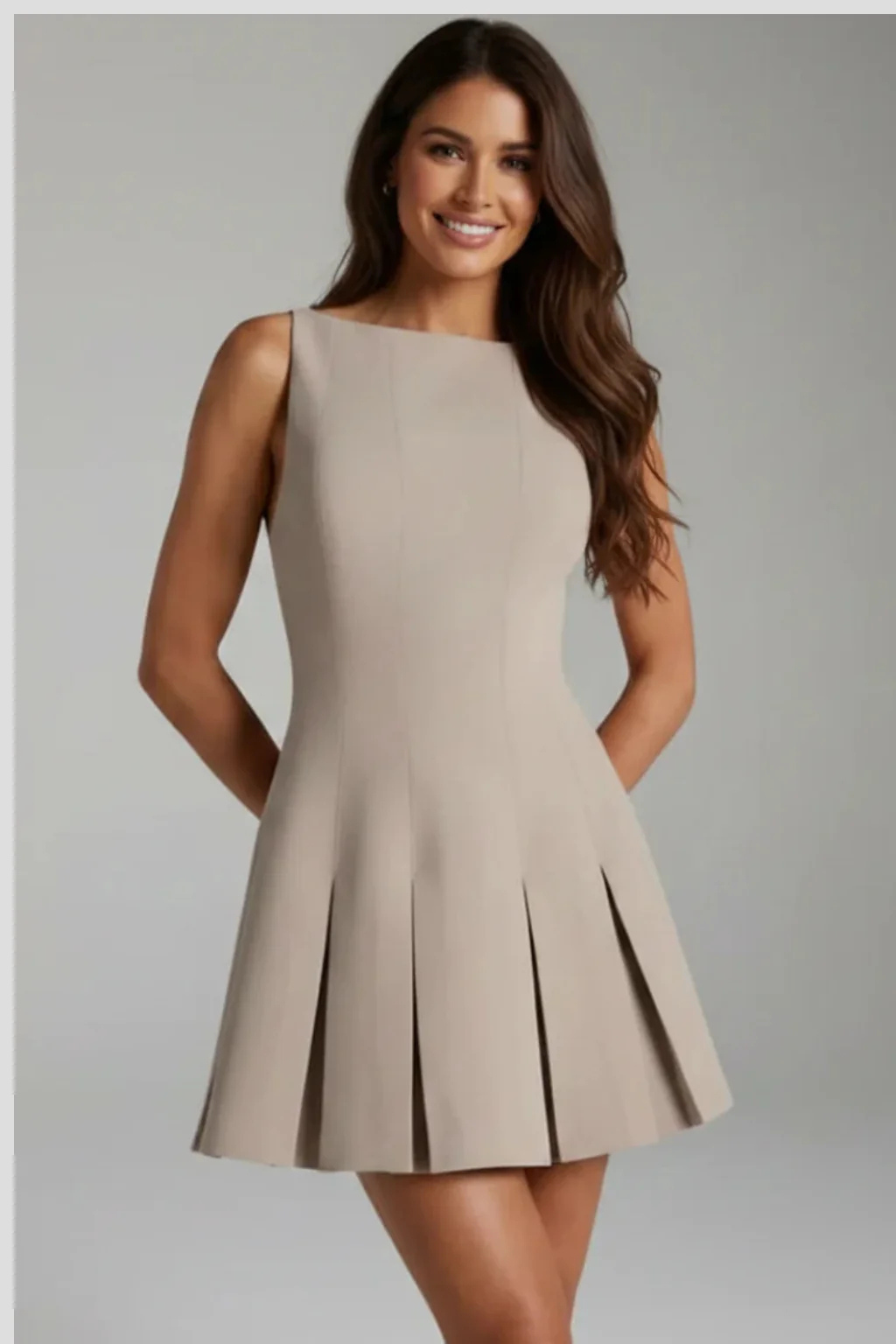Women's Pleated Sleeveless Boat Neck Graduation Mini Dress