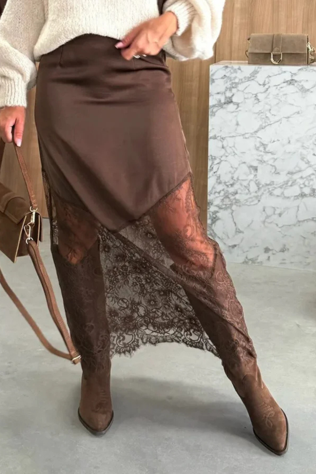 Isolde | Women Satin Lace Hem Asymmetric Maxi Skirt
