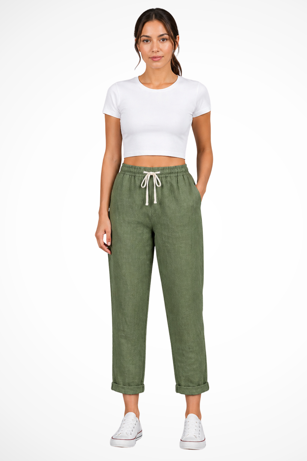 Women's Linen Cropped Trousers with Drawstring Waist