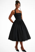 Women's Halter Neck Flowy Wedding Guest Corset Midi Dress