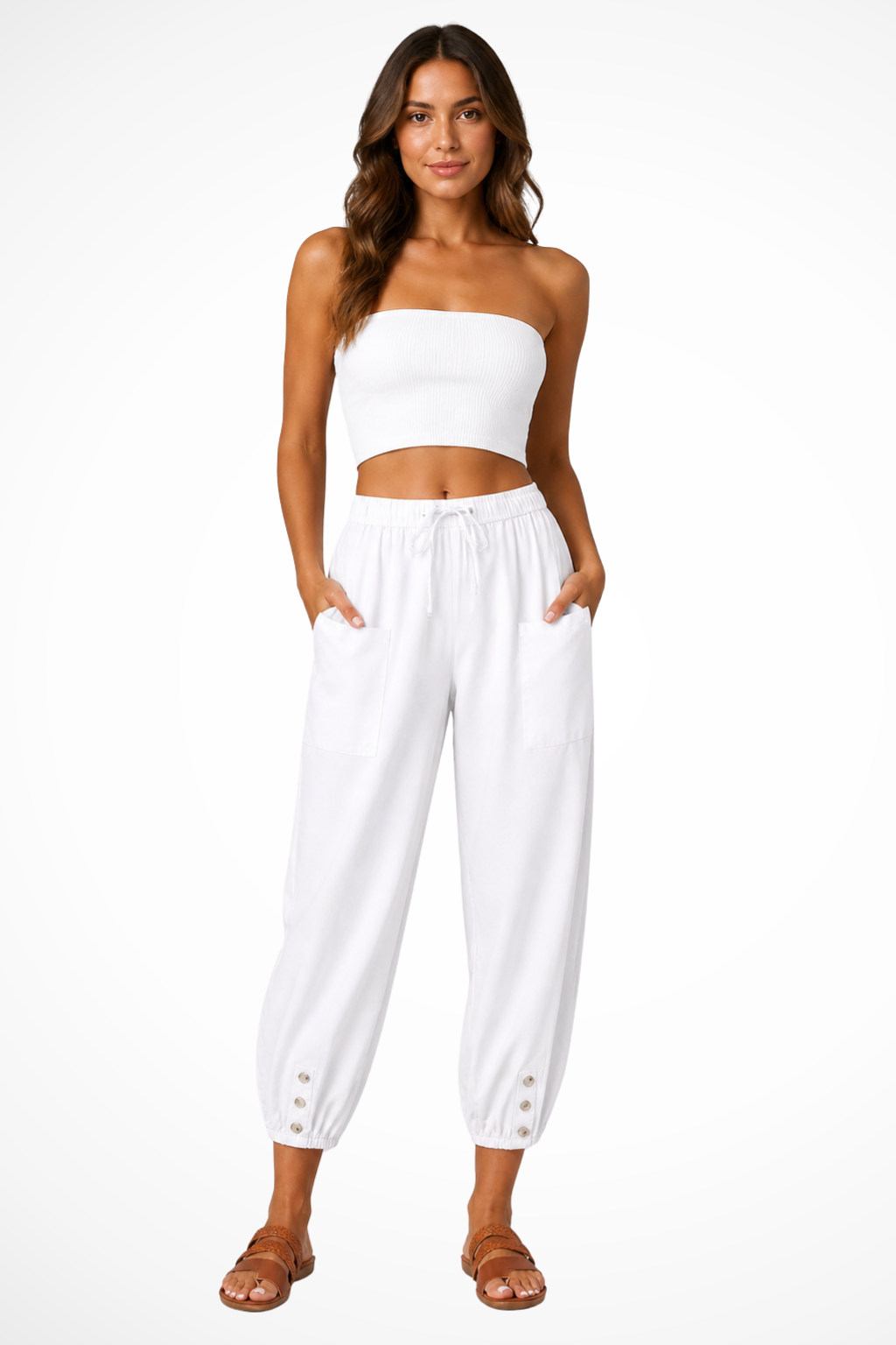 Women's Linen Cropped Trousers with Drawstring Waist and Button Hem