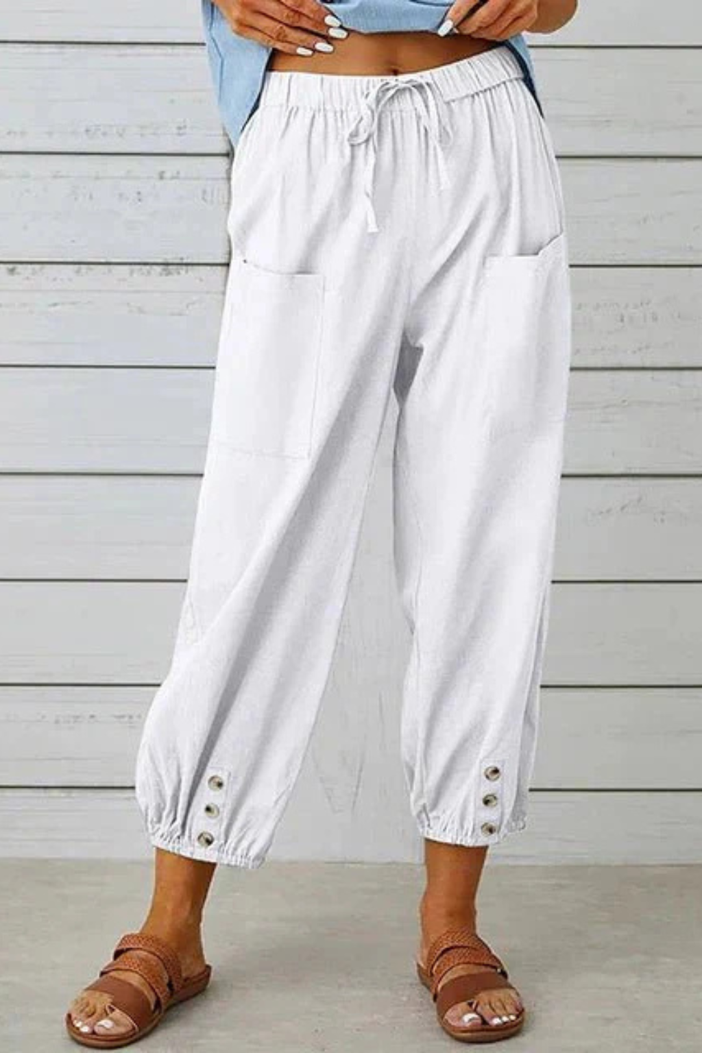 Women's Linen Cropped Trousers with Drawstring Waist and Button Hem