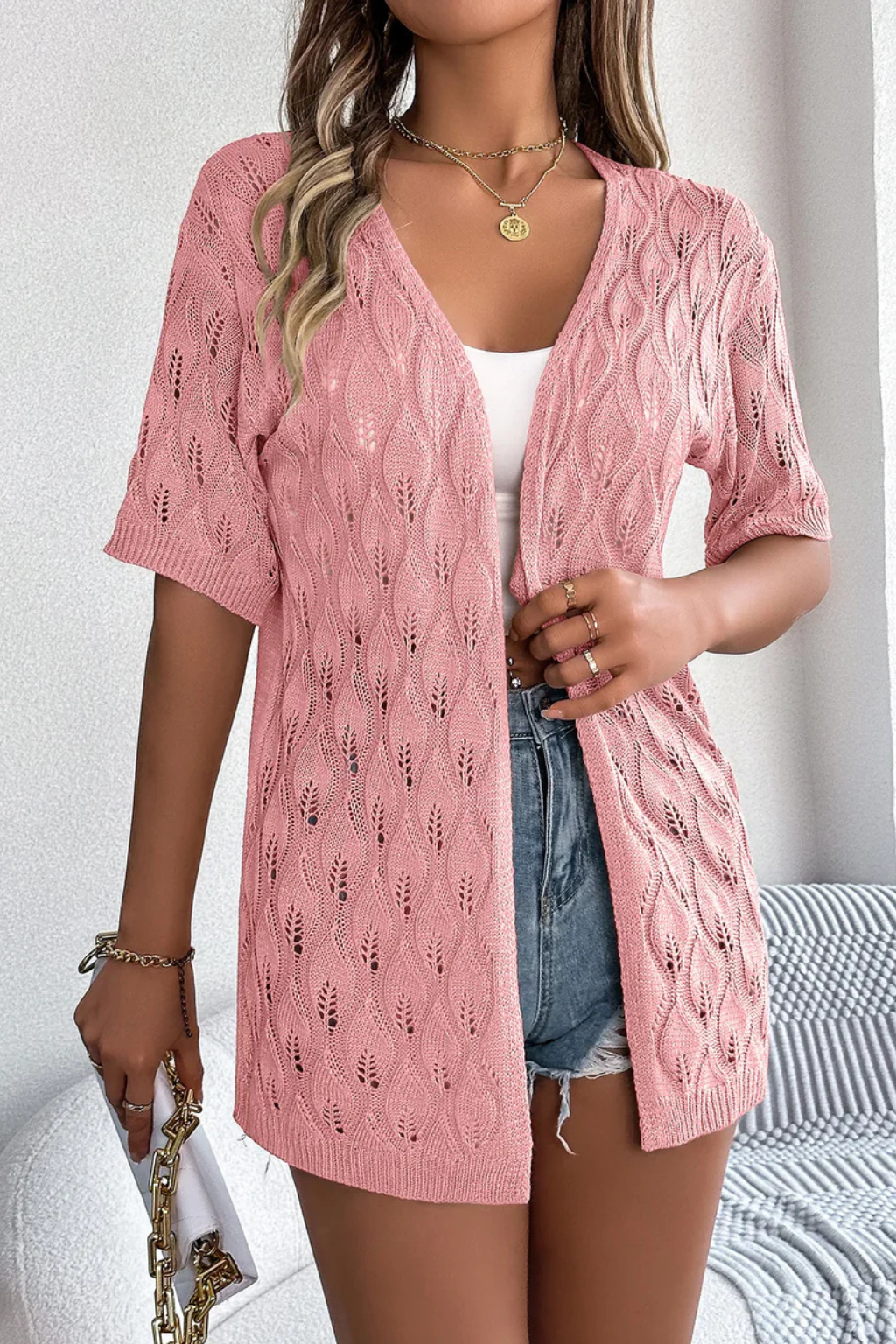 Women Short Sleeve Crochet Cardigan