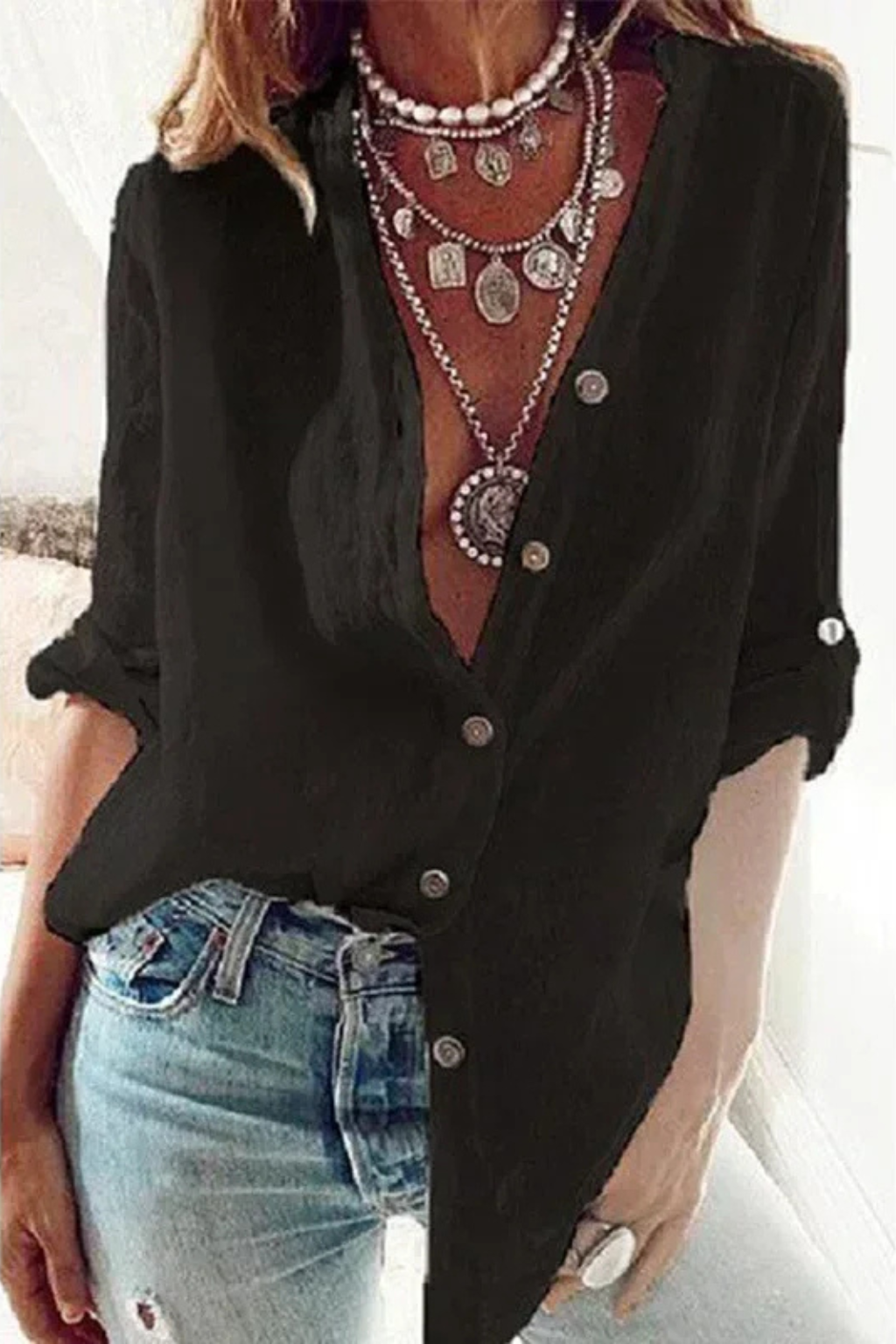 Women's Linen Button Down Shirt with Deep V Neck and Long Sleeve