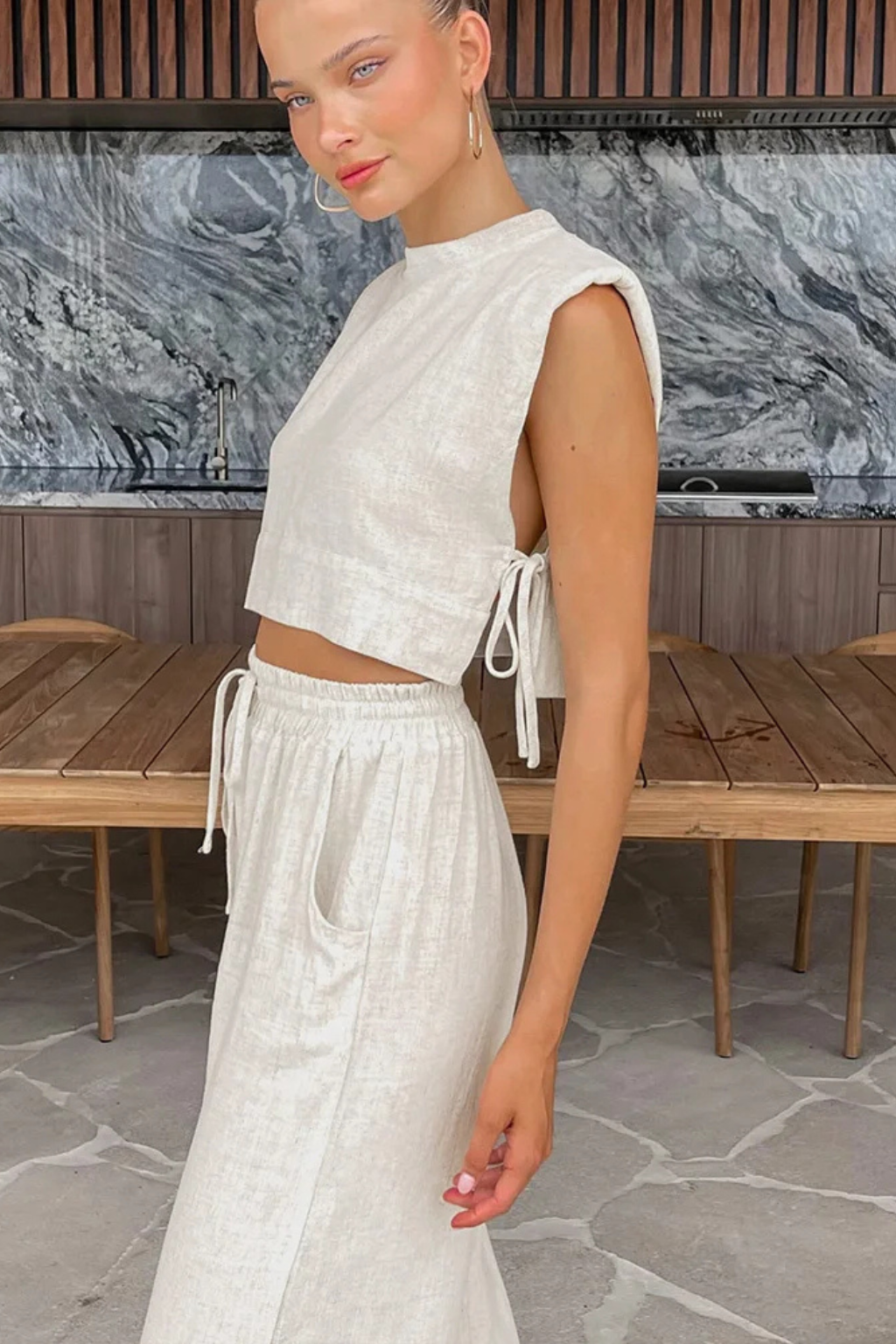 Women's Sleeveless Tie Side Crop Top and Wide Leg Trousers Linen Set