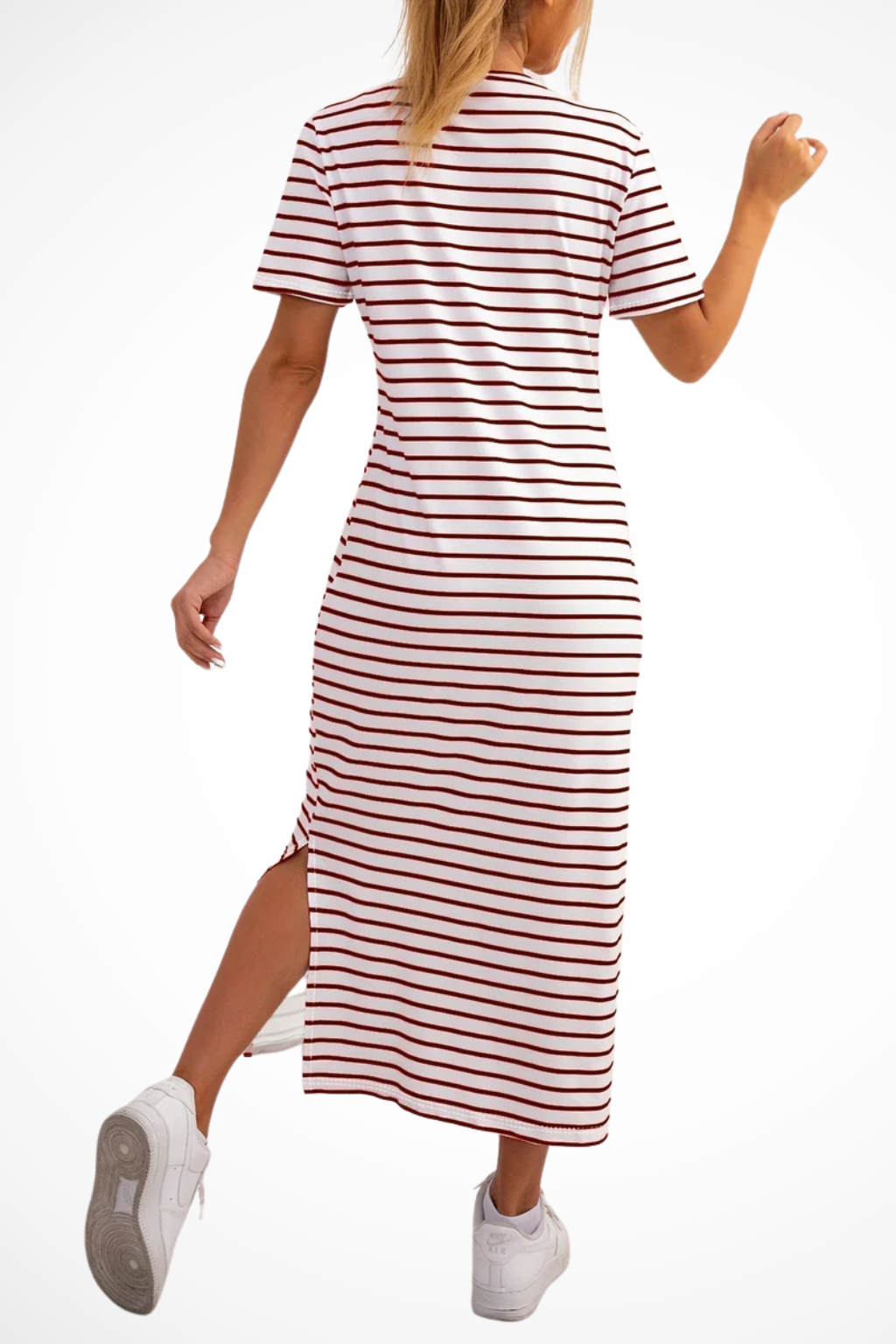 Women's Striped Short Sleeve Side Split Summer Midi Dress