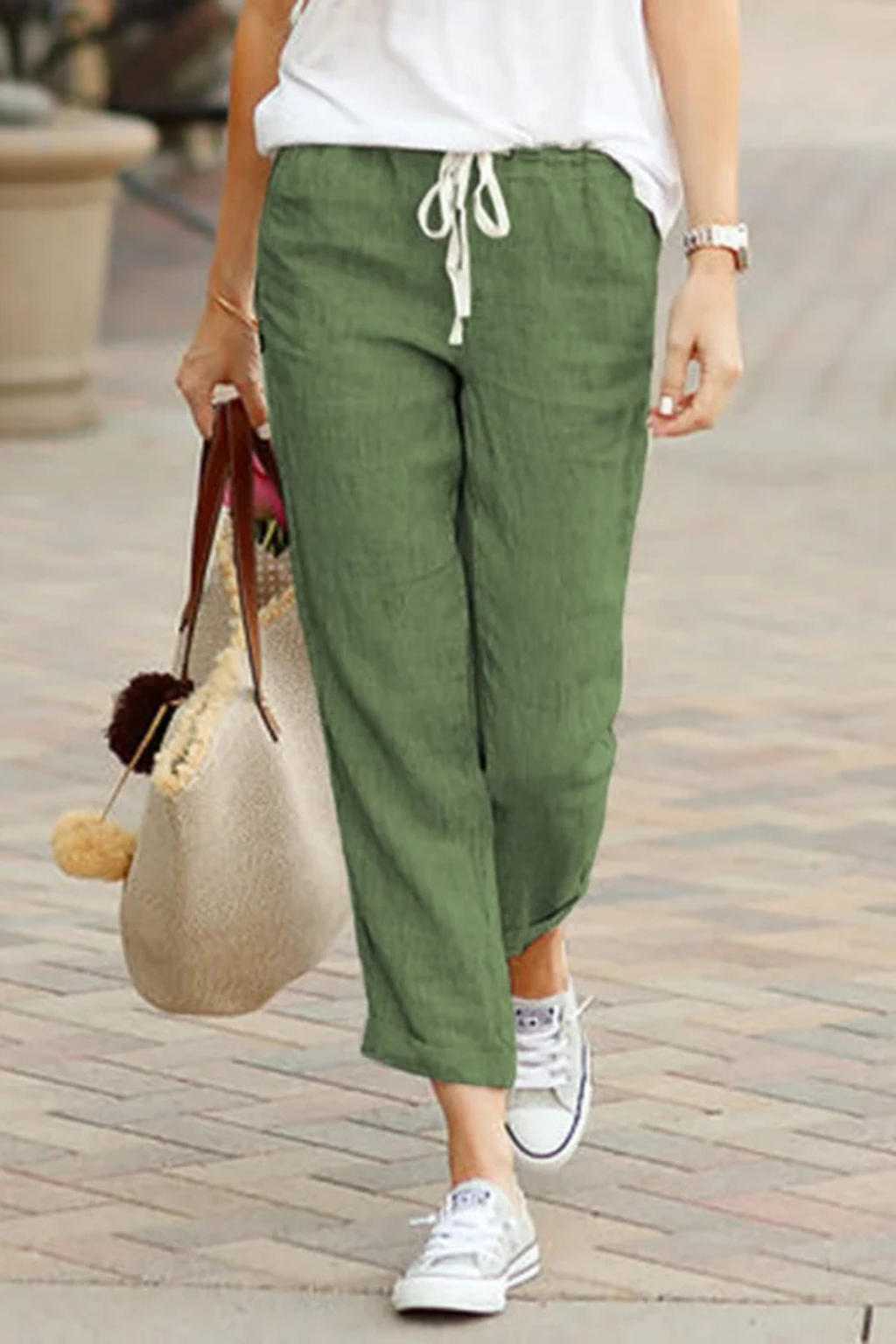 Women's Linen Cropped Trousers with Drawstring Waist