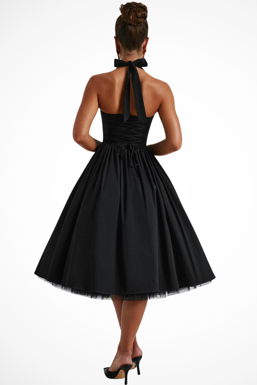 Women's Halter Neck Flowy Wedding Guest Corset Midi Dress