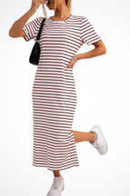 Women's Striped Short Sleeve Side Split Summer Midi Dress