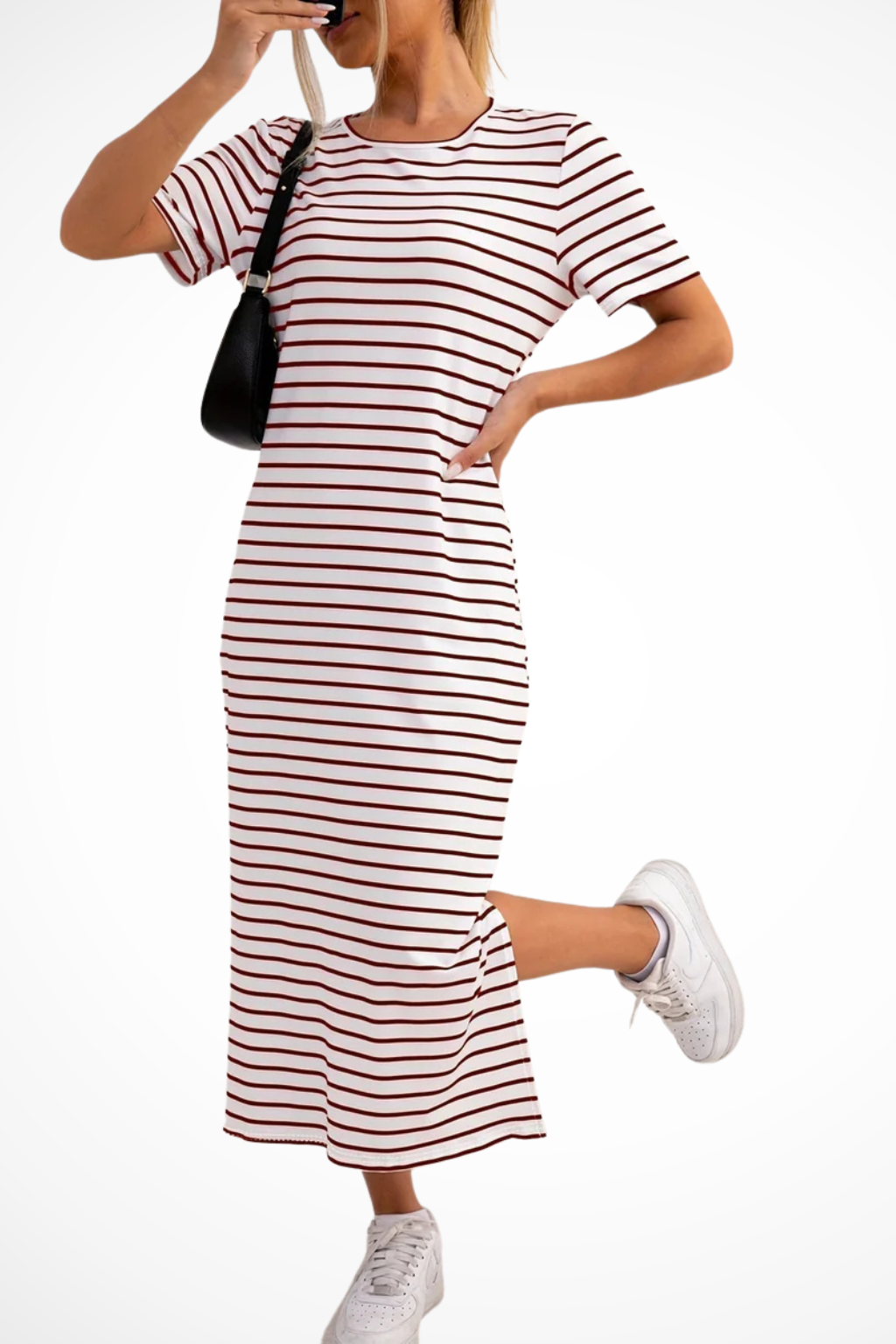 Women's Striped Short Sleeve Side Split Summer Midi Dress