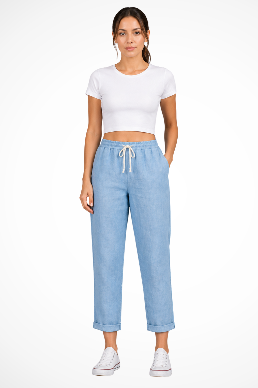 Women's Linen Cropped Trousers with Drawstring Waist