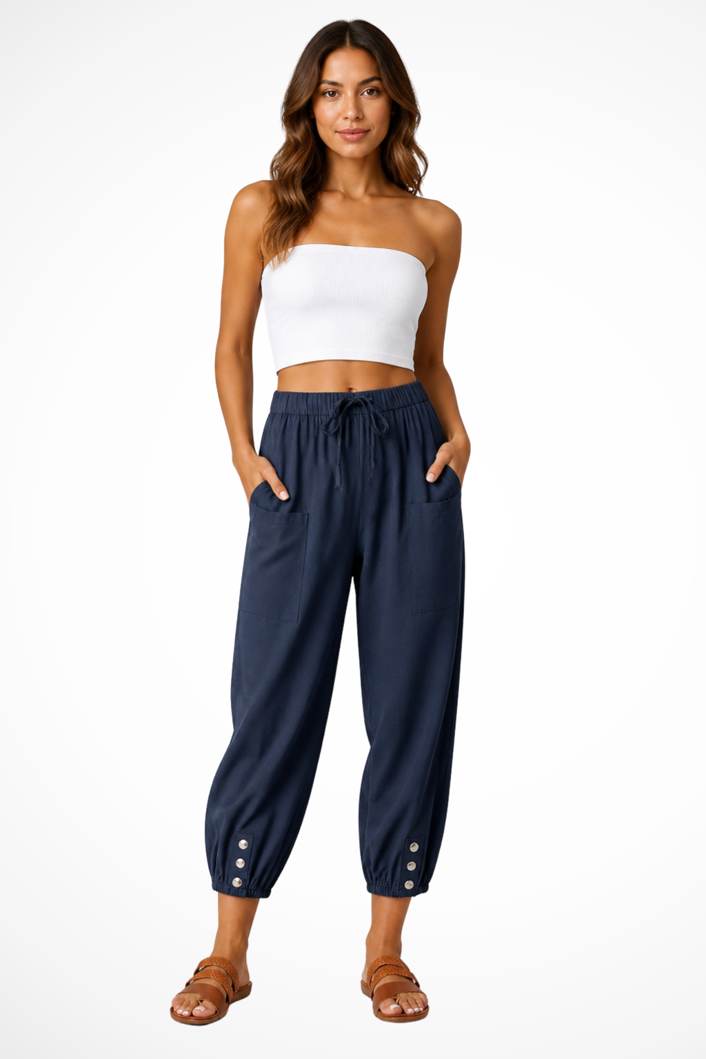 Women's Linen Cropped Trousers with Drawstring Waist and Button Hem
