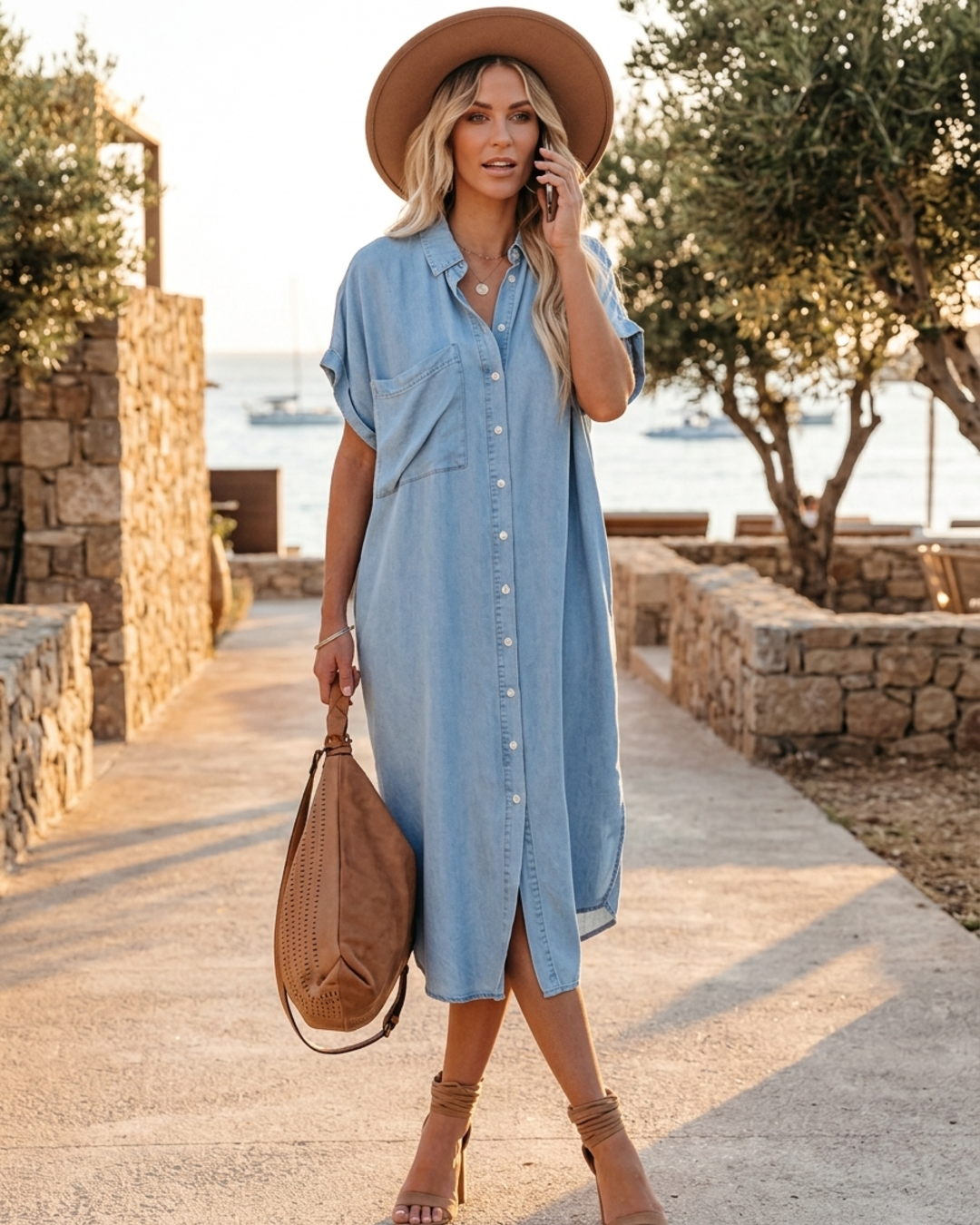 Women's Tunic Pocket Denim Shirt Dress
