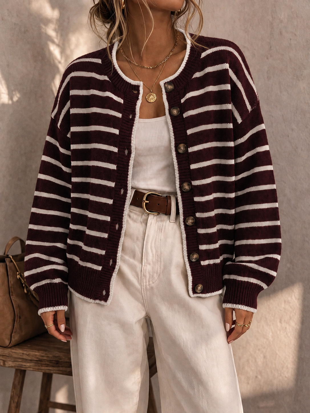 Women's Oversized Striped Knit Button Cardigan