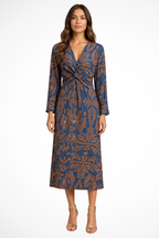 Women's Long Sleeve V Neck Printed Wrap Wedding Guest Midi Dress