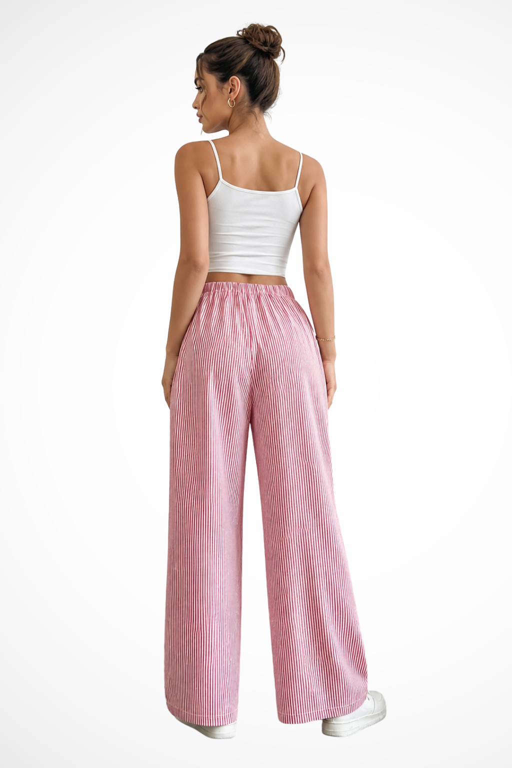 Women's Striped Wide Leg Trousers with Drawstring Waist