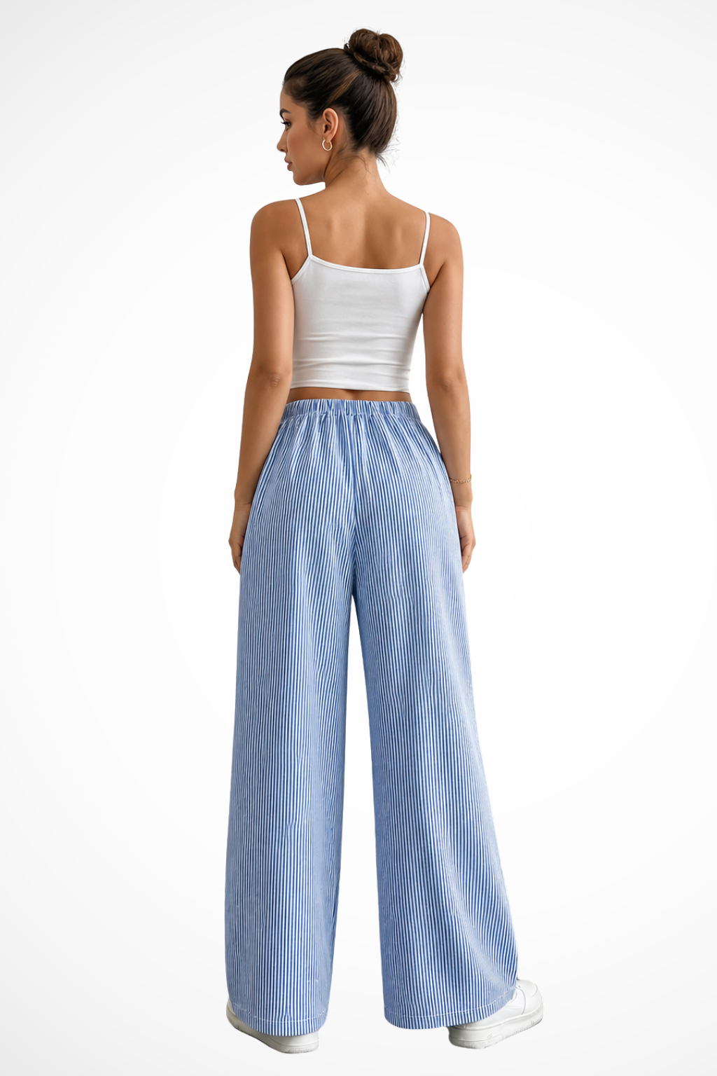 Women's Striped Wide Leg Trousers with Drawstring Waist