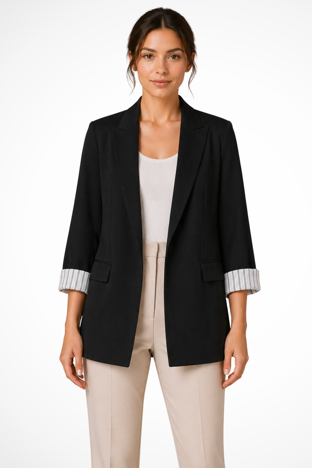 Women's Oversized Lapel Blazer with Striped Cuff Detail