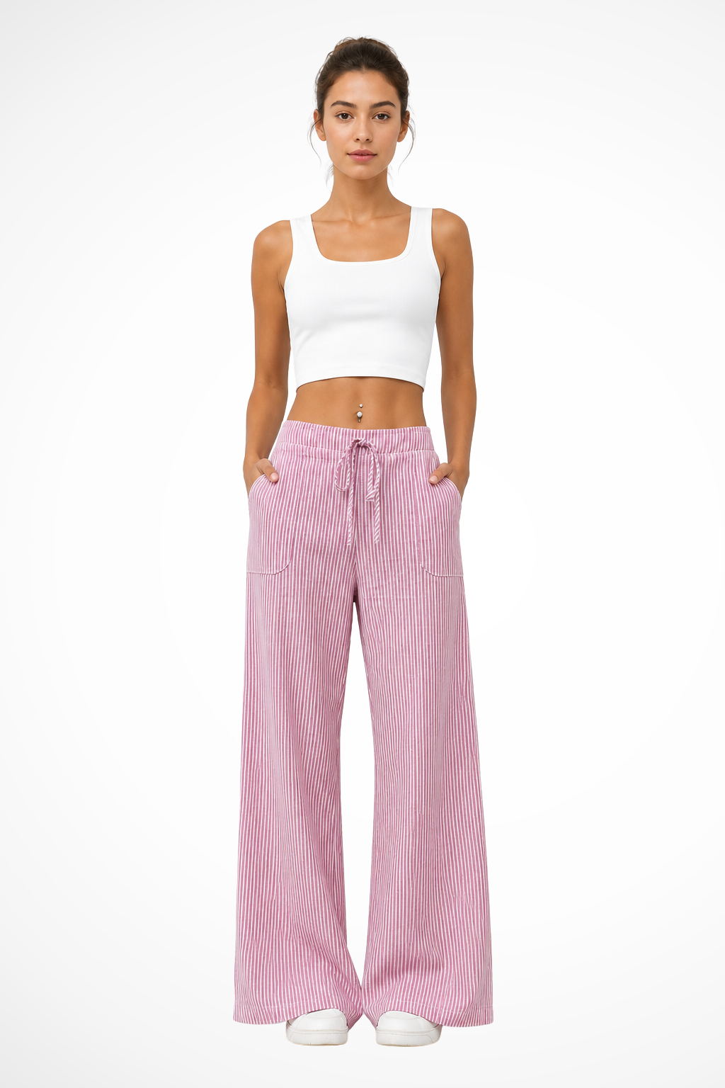 Women's Striped Wide Leg Trousers with Drawstring Waist