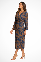 Women's Long Sleeve V Neck Printed Wrap Wedding Guest Midi Dress