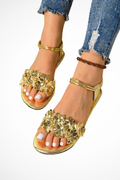 Women's Floral Embellished Flat Ankle Strap Gold Sandals