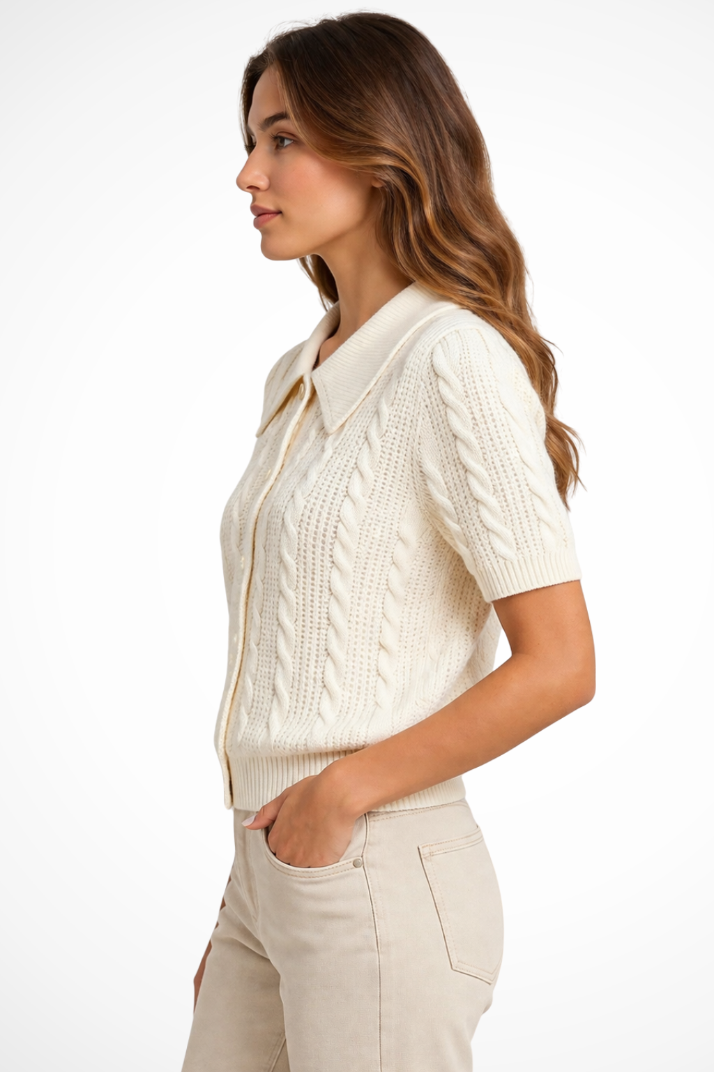Women's Short Sleeve Collared Button Front Cable Knit Summer Cardigan