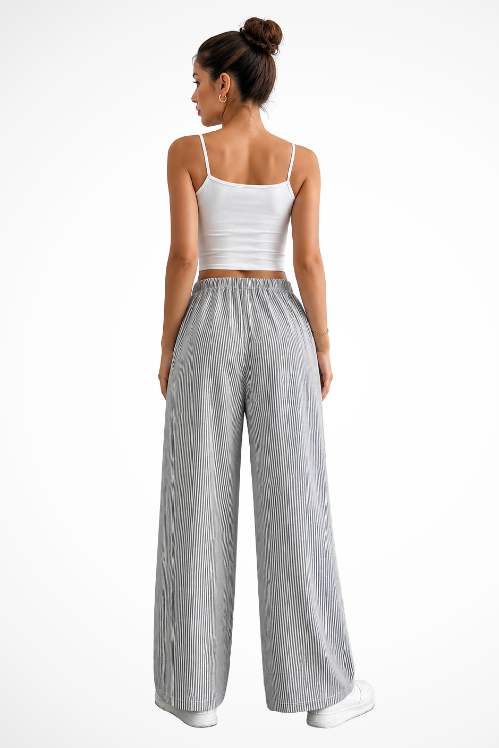 Women's Striped Wide Leg Trousers with Drawstring Waist