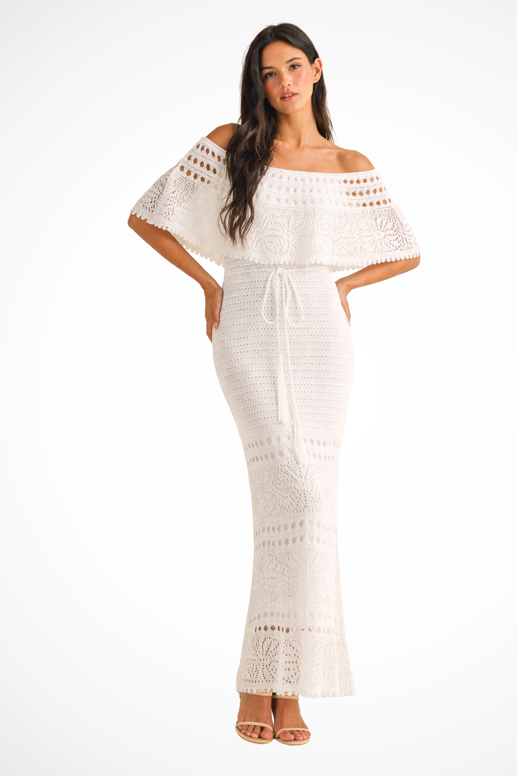 Women's Crochet Off Shoulder Tie Waist Maxi Dress