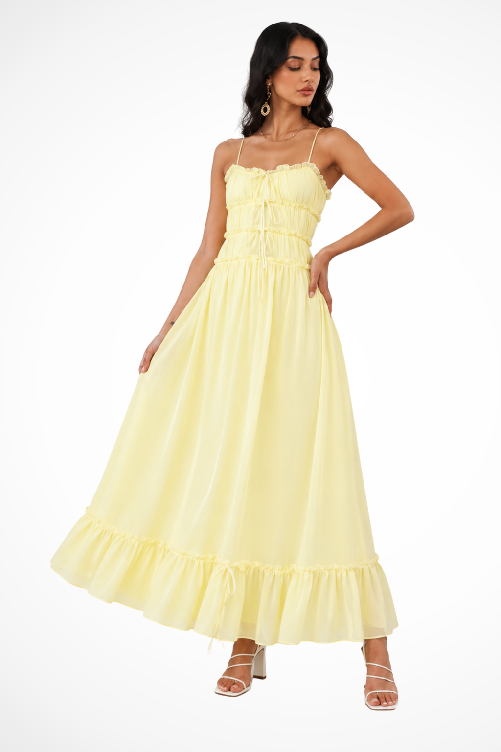 Women's Strappy Ruffle Tie Front Tiered Wedding Guest Maxi Dress