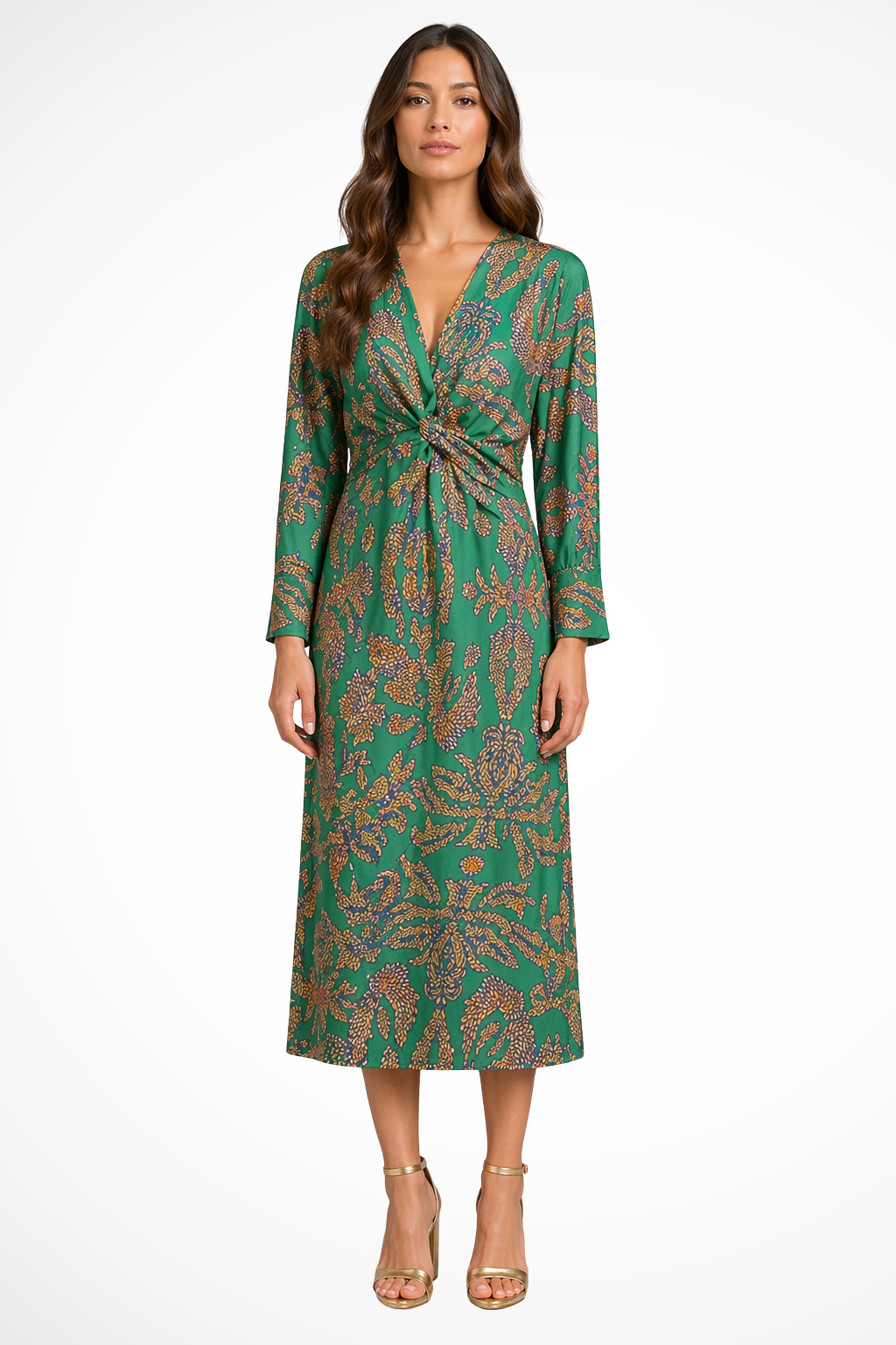 Women's Long Sleeve V Neck Printed Wrap Wedding Guest Midi Dress