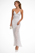 Women Satin Lace Detail Wedding Guest Maxi Dress