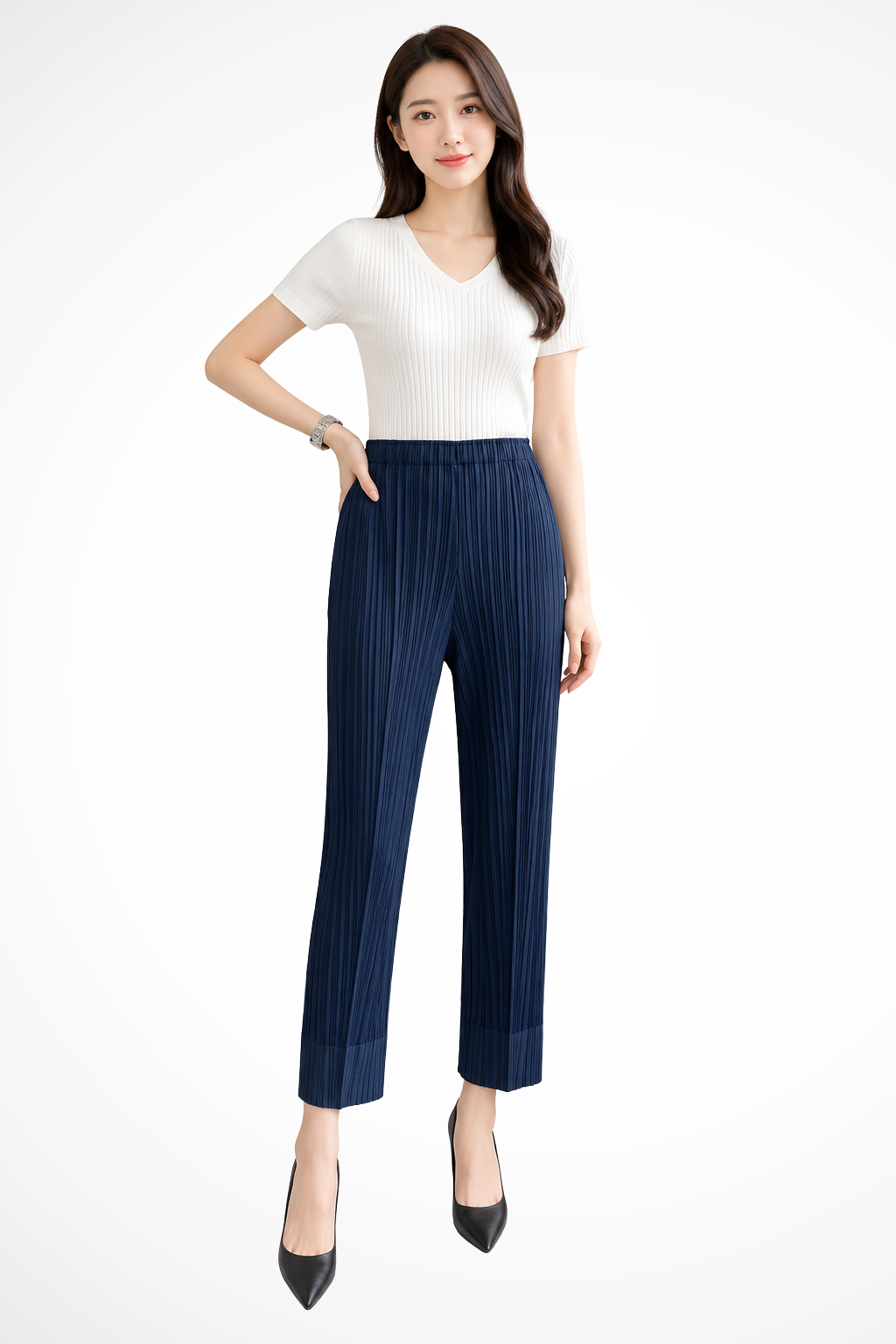 Isolde | Women Pleated Cropped Wide Leg Trousers with Elasticated Waist