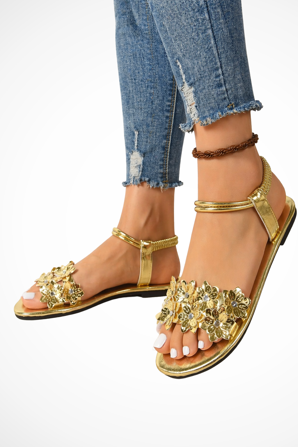 Women's Floral Embellished Flat Ankle Strap Gold Sandals